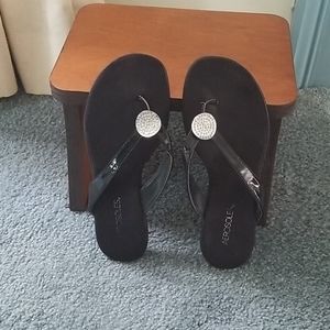 Black patent leather bedazzled sandal flip flops